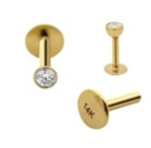 14K Gold Threadless Push-in Labret, Flat Back Studs With Bezel Set CZ Top - 1.2-6-2mm