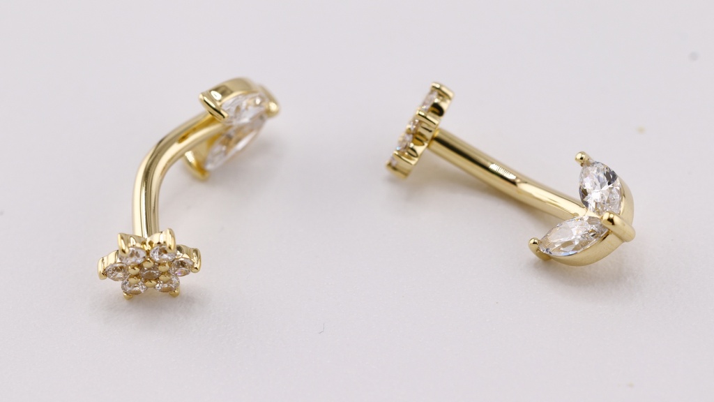 14K Real Gold Belly Banana with High-Carbon Treated CZ Flower Top, Internally Threaded, Fixed Bottom Part – 1.6 x 10 mm