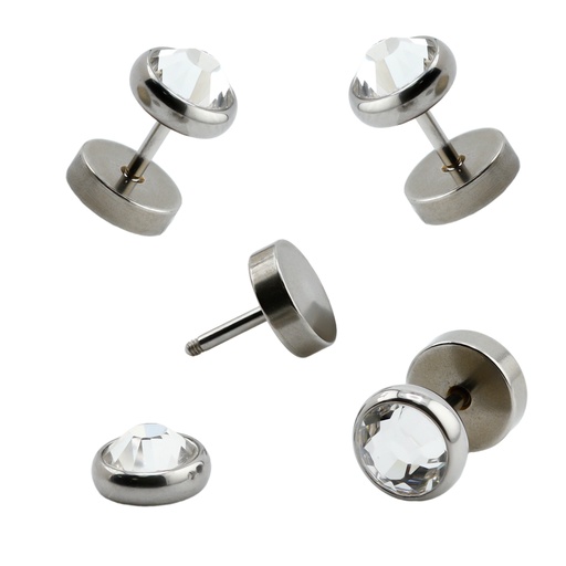 [S-EFP55-1.2-6-8-CC] Steel 316L Ear Fake Plug with 8mm Bezel Setting Crystal - 16GA(1.2mm)
