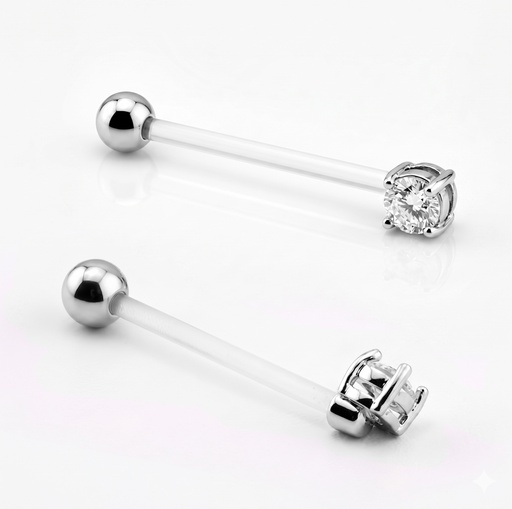 [AS-BAN72-1.6-25-5-CC] Bioflex Belly Ring with Steel 316L Double Jeweled Prong Set Round Cubic Zirconia  